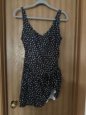 Black & White Polka Dot One-Piece Swimsuit with Skirt